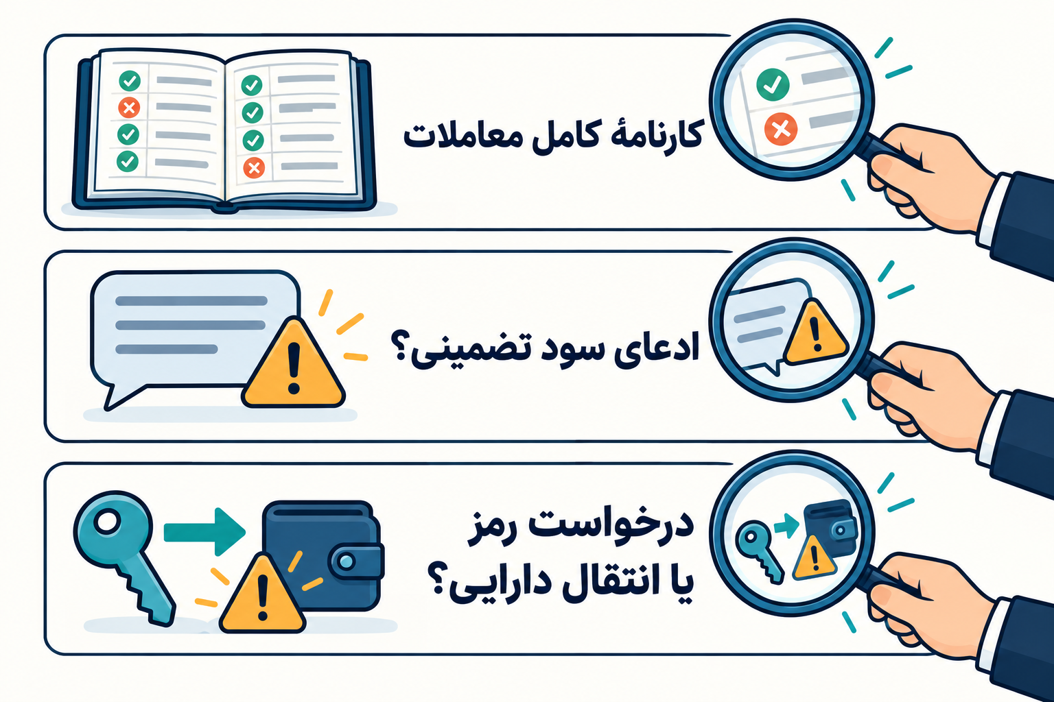 تصویر آموزشی: طرح تصمیمگیری درباره کارنامه کامل، ادعای سود تضمینی و درخواست رمز عبور یا انتقال دارایی