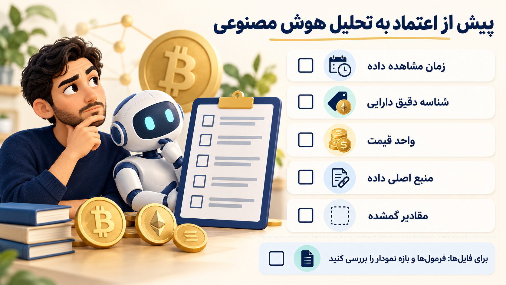 تصویر آموزشی: چکلیست تصویری زمان داده، شناسه دارایی، واحد قیمت، منبع و دادههای گمشده