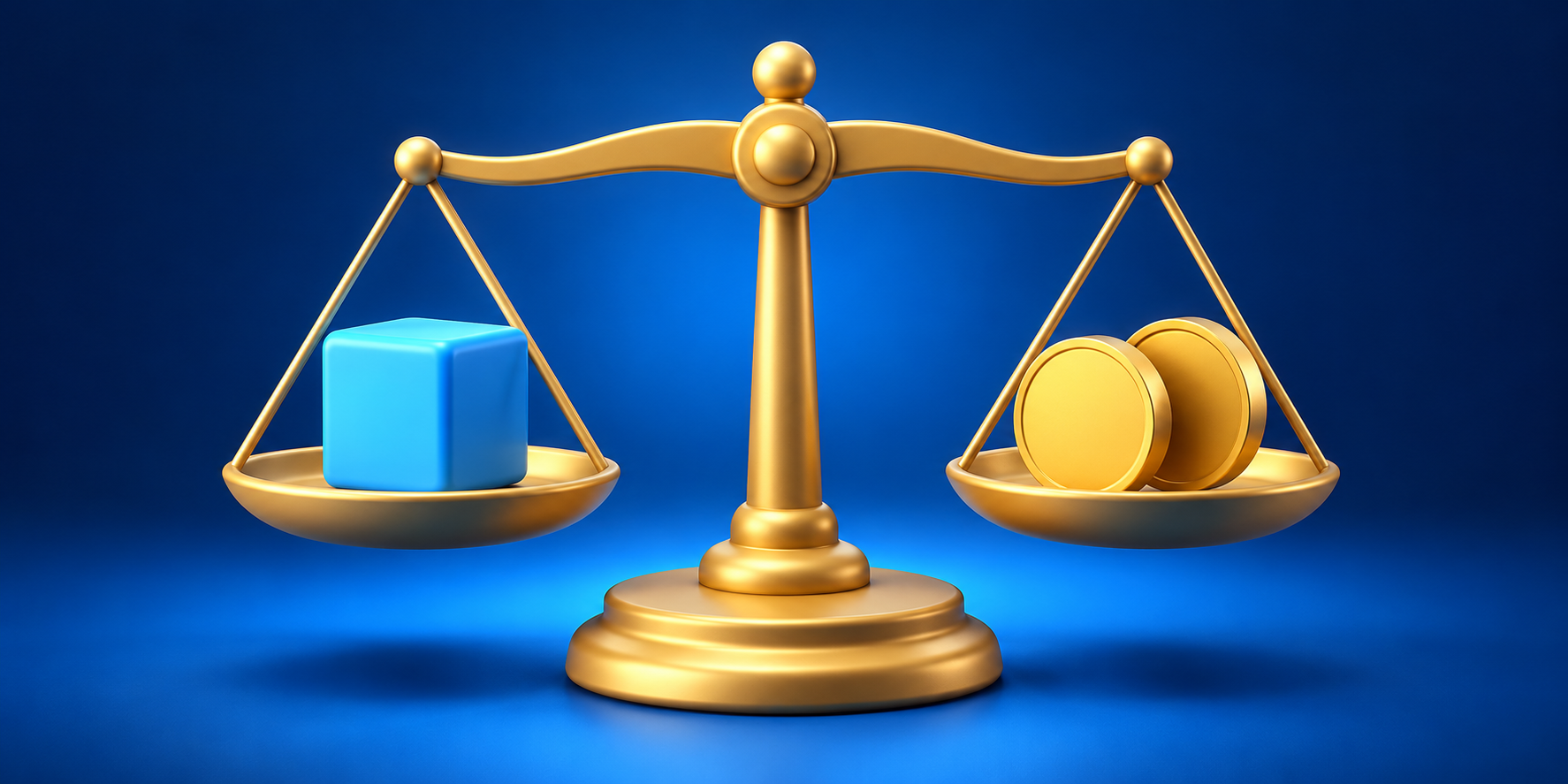 ترازویی با یک مکعب آبی و دو سکه بینشان
